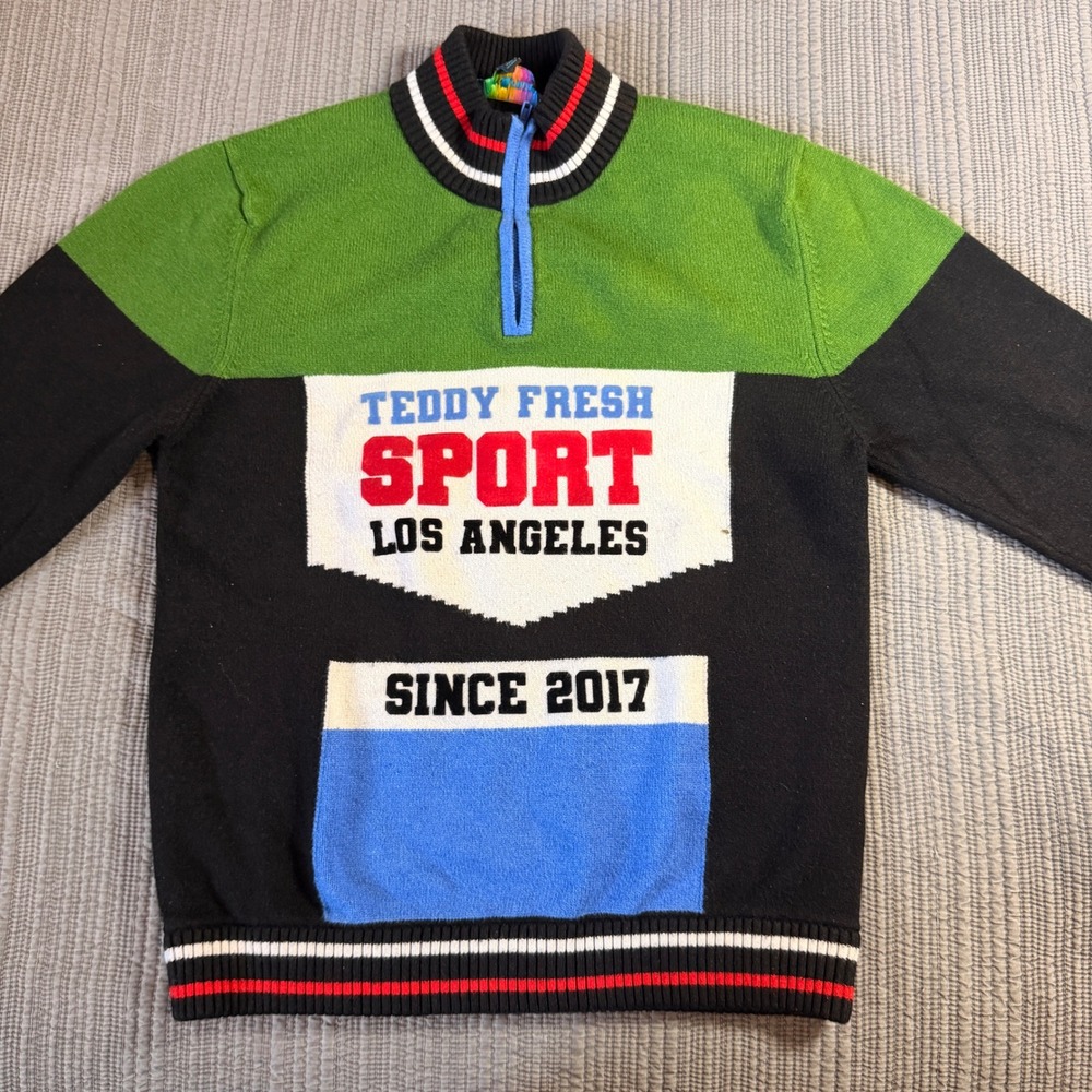Teddy Fresh Sport Los Angeles Quarter Zip Colorblock Knit Sweater Mens Large L